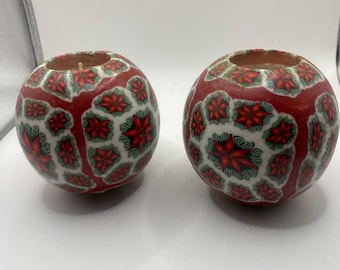 1990's Magic Glow Poinsettia Round Illuminated Candles, PAIR, Christmas Decor