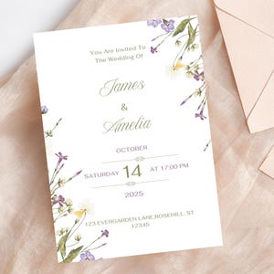 Purple Wildflower Wedding Invitation Template: Elegant Floral Canva Design (Digital Download)