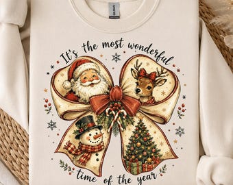 Vintage Christmas Bow PNG, Most Wonderful Time, Santa Reindeer, Nostalgic Holiday, Retro Winter, Digital Download