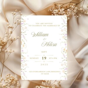 Bearbeitbare Hochzeitseinladungsvorlage • Elegantes Blumenmuster • Botanische Wildblumen Canva einladen • Druckbare Heiratskarte