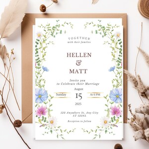 Wildflower Wedding Invitation – Colorful Floral Watercolor – Editable Canva Template – Digital Download