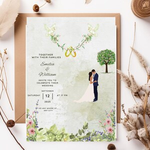 Romantische Hochzeitseinladung - Illustriertes Paar & Blumengarten - Bearbeitbare Canva Vorlage - Digitaler Download