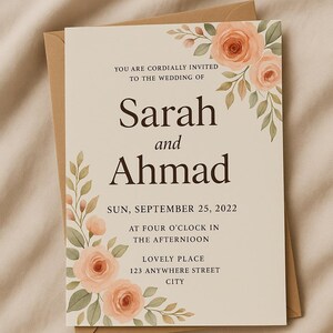 Invitación de boda imprimible - Tarjeta digital floral / Invitación pastel / Descarga instantánea / RaahbyAnaya