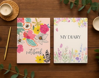 SET VAN 2 notitieboekjes en dagboekomslagen met bloemen – afdrukbare pdf | Esthetische digitale omslagen voor dagboek, planner, dagboek | Direct downloaden