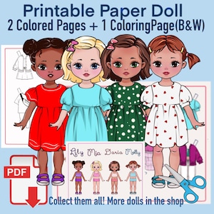 paper doll set- printable paper dolls- DIY dolls- dress up dolls- paper doll- handmade dolls-modern dolls- cut out dolls- doll craft pdf