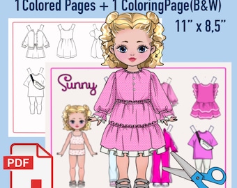 May include: Printable paper doll with a pink dress and accessories. The image includes a PDF icon, the text "Sunny", and the dimensions 11" x 8.5". The image also includes the text "Collect them all! More dolls in the shop".