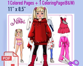 Juego de muñecas de papel imprimibles, muñecas de papel de moda, página para colorear DIY (PDF), muñecas de papel imprimibles con ropa