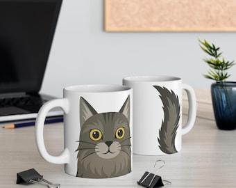 Taza de gato León / Taza de café de cerámica blanca / Regalo para amantes de los gatos