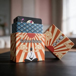 May include: A deck of cards in a box labeled Tabi no Kokoro, featuring an orange and white sunburst pattern, a seated figure, and clouds. The box lid is tilted to the side, revealing a blue wave-patterned inner sleeve and black cards.