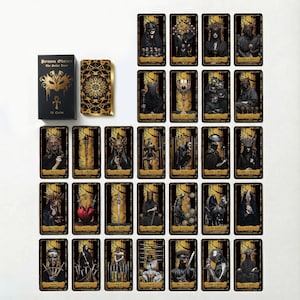 May include: A Persona Obscura The Gothic Tarot deck featuring a black box with gold mask and ankh symbols, a card back with intricate gold patterns, and thirty-two individual tarot cards displaying dark, gothic-themed illustrations with gold borders.
