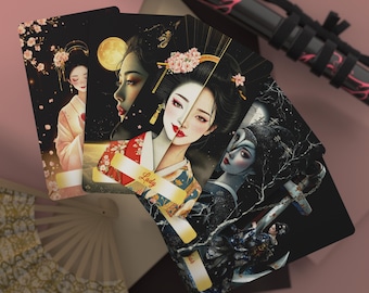 May include: A set of four tarot cards with black backgrounds and colorful illustrations of women in traditional Japanese clothing. The cards feature a variety of floral and geometric patterns, as well as the words "Lady" and "The World".