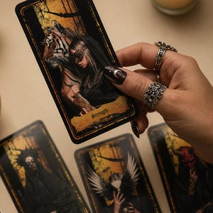 May include: A rectangular tarot card titled Strength featuring an illustration of a person with a mask beside a tiger, with a black and gold border. The card is held by a hand wearing two silver rings, with other tarot cards visible below.