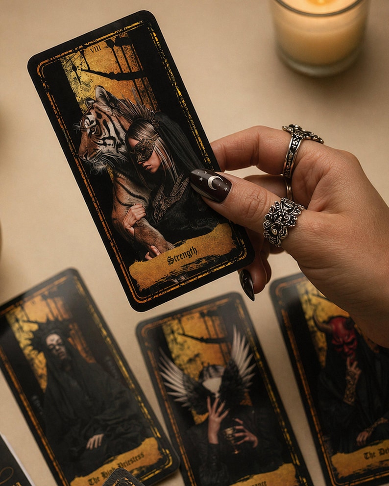 May include: A rectangular tarot card titled Strength featuring an illustration of a person with a mask beside a tiger, with a black and gold border. The card is held by a hand wearing two silver rings, with other tarot cards visible below.
