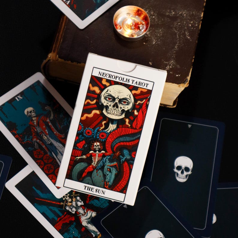 Necropolis Tarot Deck, 78 Card Gothic Skeleton Tarot, Dark Neon Art, Rider Waite Based, Guidebook Option image 7