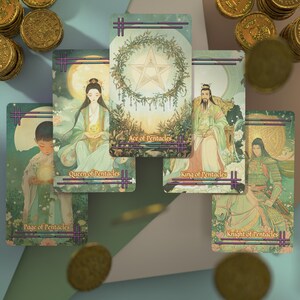 May include: Five tarot cards from the Pentacles suit arranged in a fan shape, featuring the Page, Queen, Ace, King, and Knight of Pentacles. Each card displays intricate illustrations in soft green and gold tones, surrounded by scattered gold coins.