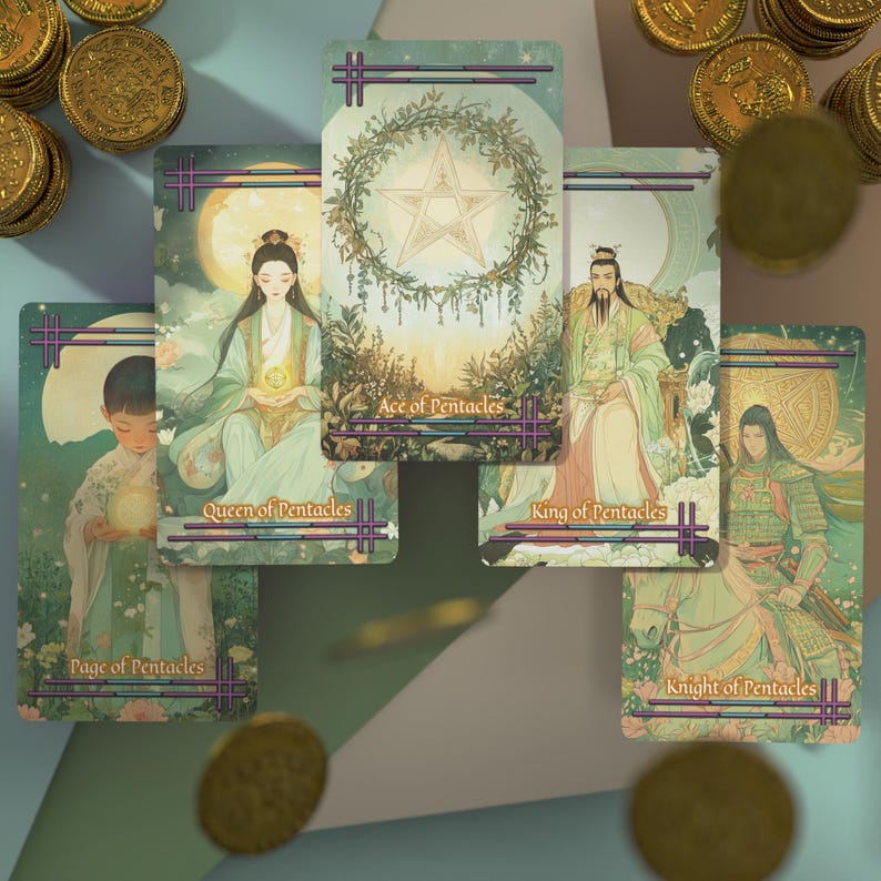 May include: Five tarot cards from the Pentacles suit arranged in a fan shape, featuring the Page, Queen, Ace, King, and Knight of Pentacles. Each card displays intricate illustrations in soft green and gold tones, surrounded by scattered gold coins.