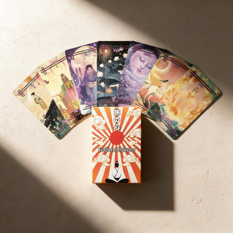 Tabi no Kokoro Tarot Deck, 78 Card Japanese Pastel Tarot, Cherry Blossom Foil Backs, Soft Touch Matte, PDF Guidebook image 2