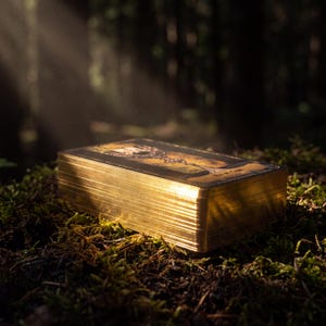 May include: A rectangular deck of tarot cards with metallic gold edges. The top card features a dark illustration of a chalice. The deck is positioned horizontally, catching a beam of light that highlights the reflective gold leaf on the card edges.