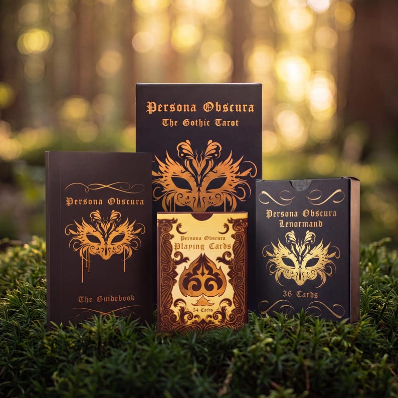 May include: A collection of Persona Obscura card decks and a guidebook. The black boxes feature gold mask illustrations and text including The Gothic Tarot, The Guidebook, Lenormand 36 Cards, and a tan Playing Cards box with a spade symbol.