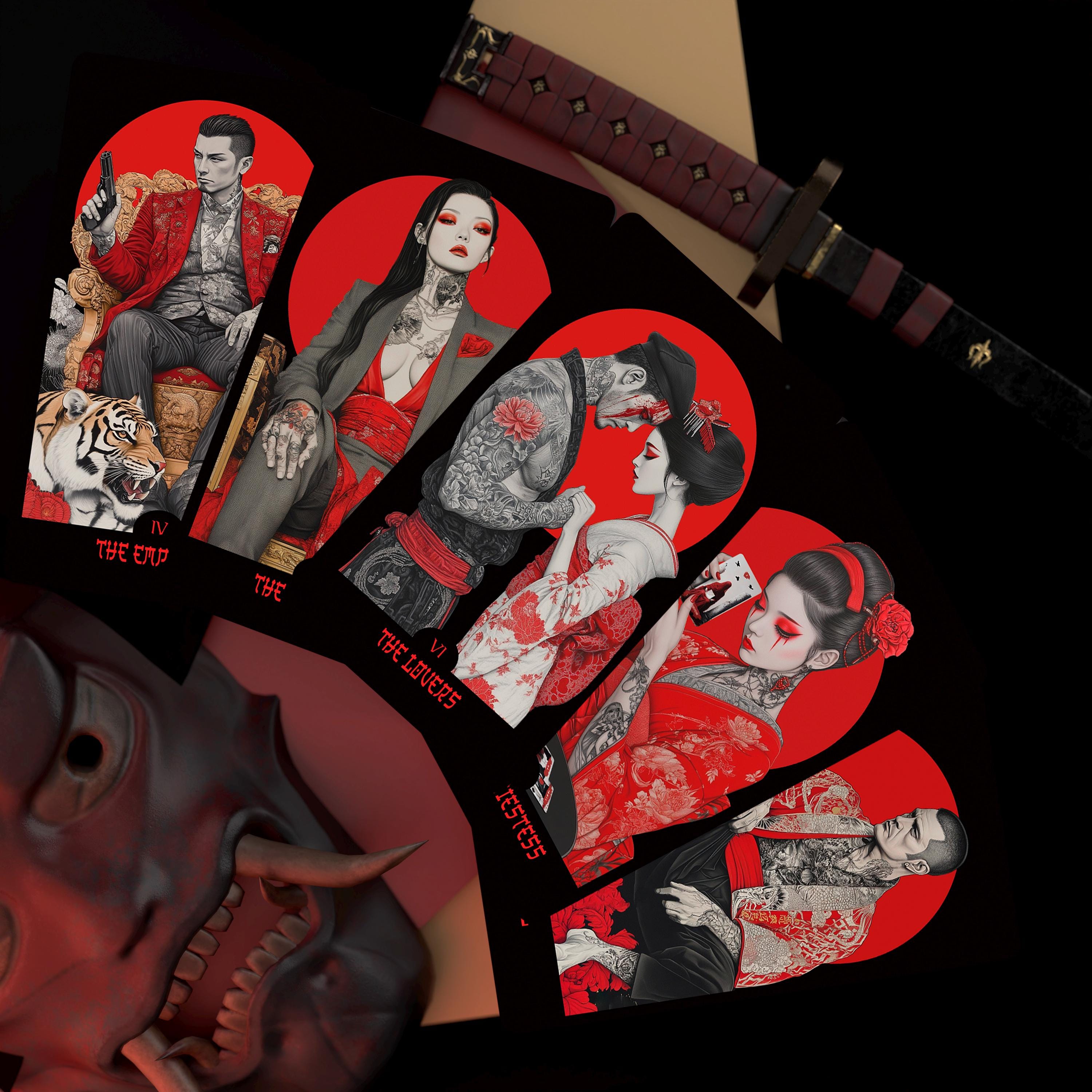 Yakuza Tarot Deck – Rider–waite System, Matte Red Edge, Japanese