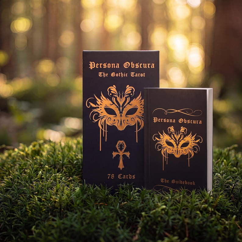 May include: A black tarot card box and a matching guidebook, both featuring gold foil illustrations of an ornate mask and the text Persona Obscura The Gothic Tarot. The box is labeled 78 Cards, while the book is labeled The Guidebook.