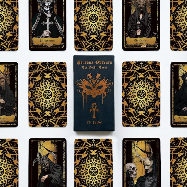 May include: A Persona Obscura The Gothic Tarot deck box with a black cover featuring a gold mask and ankh symbol, surrounded by multiple tarot cards displaying dark, ornate figures and intricate gold geometric patterns on a black background.