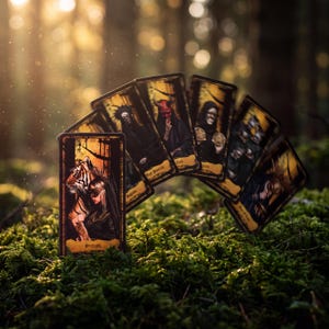 May include: A fan of rectangular tarot cards with dark, gold-bordered illustrations. The front card features a tiger and a person with the text Strength. Other visible cards display figures including a devil, a hooded person, and various symbolic imagery.