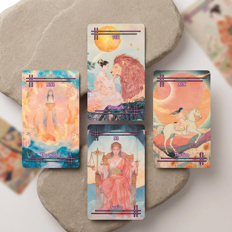 May include: Four tarot cards featuring pastel illustrations. The World card shows a figure with a cup, Strength depicts a person with a lion, Justice shows a seated figure with scales and a sword, and The Sun features a person riding a white horse.