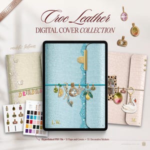 Peut inclure: Une collection de couvertures de planificateur numérique intitulée Croc Leather Digital Cover Collection avec trois couvertures texturées bleu clair, crème et rose pâle. Elles présentent des breloques, des fermoirs dorés et des initiales.