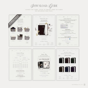 May include: A digital download guide featuring six panels with instructions for planners. The text includes Download Guide, Hyperlinked, and various navigation labels. The layout displays icons, folder graphics, and colour options for planner covers.