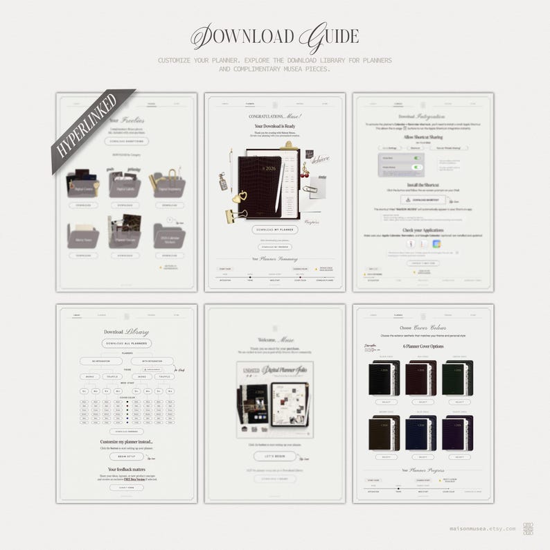 May include: A digital download guide featuring six panels with instructions for planners. The text includes Download Guide, Hyperlinked, and various navigation labels. The layout displays icons, folder graphics, and colour options for planner covers.