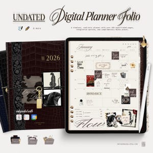 May include: A digital planner folio featuring a dark brown crocodile-textured cover with a black lace accent, a gold charm, and a tablet screen displaying a January calendar page with various stickers, text, and a white stylus pen on the side.