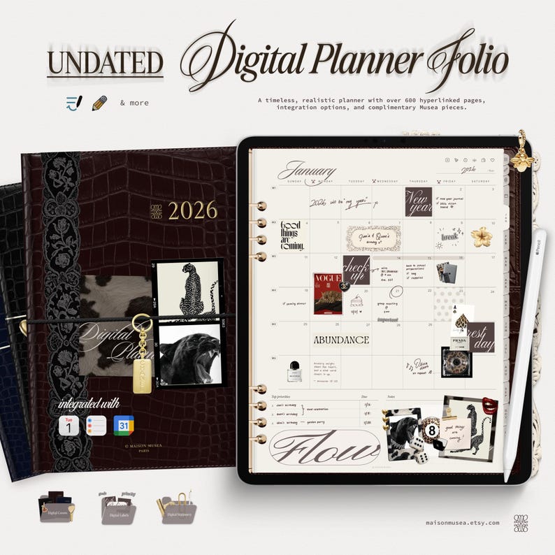 May include: A digital planner folio featuring a dark brown crocodile-textured cover with a black lace accent, a gold charm, and a tablet screen displaying a January calendar page with various stickers, text, and a white stylus pen on the side.
