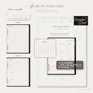 May include: Digital yearly planning pages for 2026 featuring a bi-annual and quarterly layout. Includes a calendar sticker download guide with an April monthly view, navigation buttons, and instructional text for organising dates in a planner.