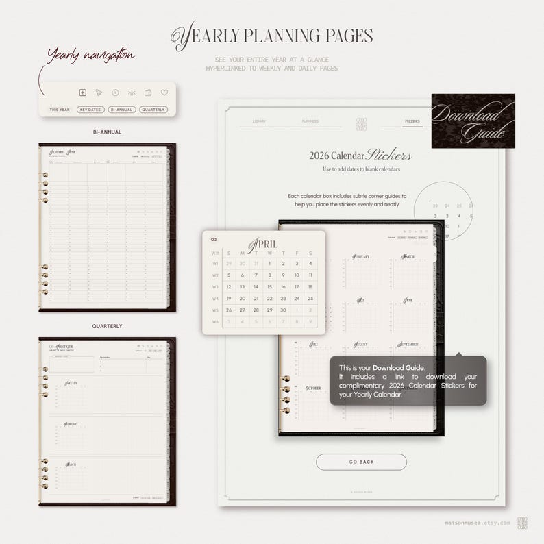 May include: Digital yearly planning pages for 2026 featuring a bi-annual and quarterly layout. Includes a calendar sticker download guide with an April monthly view, navigation buttons, and instructional text for organising dates in a planner.