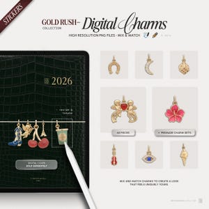 Pode incluir: Coleção Digital Charms com pingentes dourados, incluindo uma ferradura, um dado e uma flor. A imagem mostra um planejador verde escuro com o ano de 2026 e o texto "Digital Cover Sold Separately."
