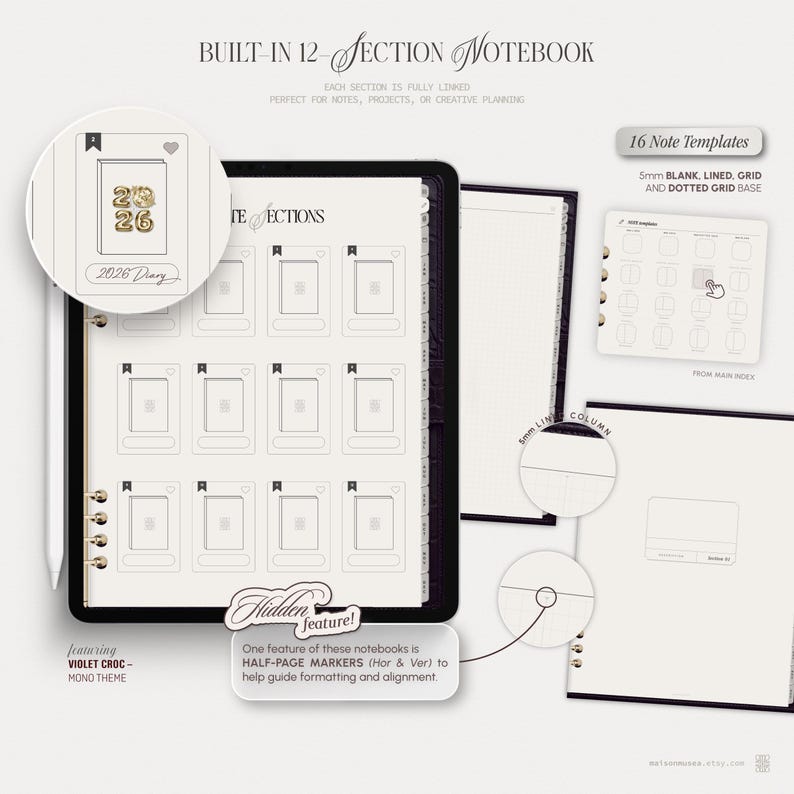 May include: A digital notebook featuring a built-in 12-section layout, 16 note templates with 5mm blank, lined, grid, and dotted grid bases, and half-page markers for alignment. The interface displays a 2026 diary cover and a violet croc theme.