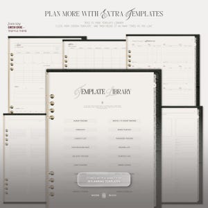 May include: A digital planner template library featuring a collection of 18 planning pages with a neutral colour palette. The central page displays a list of trackers including album, movie, contact, delivery, habit, music, password, reading, and workout logs.