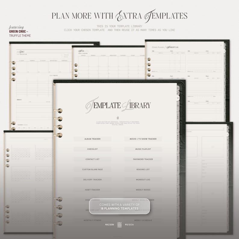 May include: A digital planner template library featuring a collection of 18 planning pages with a neutral colour palette. The central page displays a list of trackers including album, movie, contact, delivery, habit, music, password, reading, and workout logs.
