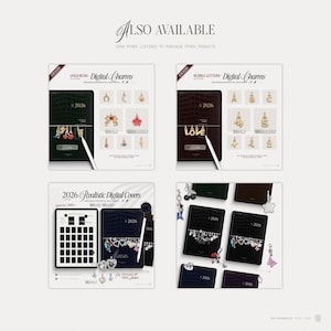 May include: A digital product display featuring four sections labelled Also Available, showcasing 2026 digital planner covers with various gold and silver charms, including letters, shapes, and icons, alongside a stylus pen and colour swatches.