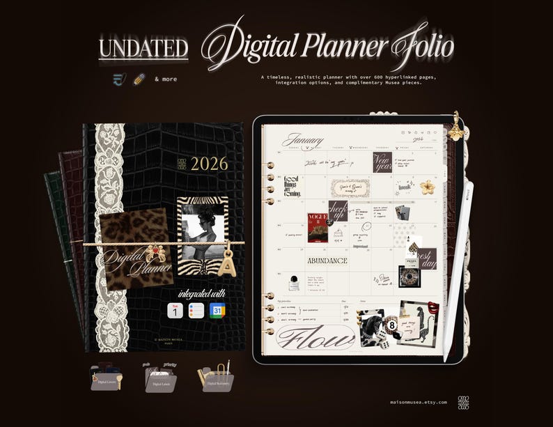 May include: A digital planner folio featuring a black crocodile-textured cover with white lace trim and the year 2026. The open planner displays a January calendar page with various graphic stickers, text, and a white stylus pen on the right side.
