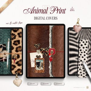 Puede incluir: Fundas digitales con estampados de animales en tres pantallas de tableta. Las fundas incluyen varias texturas como patrones de leopardo, cebra y serpiente, acentuadas con dijes decorativos, colgantes de corazón y fotos.