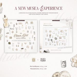 May include: A digital sticker collection titled 100 Clean Girl Digital Stickers featuring illustrations of beauty products, accessories, and lifestyle items. The set includes 100 stickers in 3 formats with realistic 3D gloss epoxy effects, presented on two white rectangular display sheets.