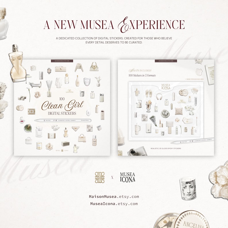 May include: A digital sticker collection titled 100 Clean Girl Digital Stickers featuring illustrations of beauty products, accessories, and lifestyle items. The set includes 100 stickers in 3 formats with realistic 3D gloss epoxy effects, presented on two white rectangular display sheets.
