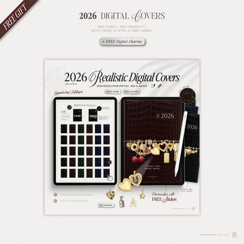May include: A digital planner cover set titled 2026 Realistic Digital Covers featuring a dark brown crocodile leather texture, a gold charm bracelet graphic, a white stylus, and a hyperlinked catalogue displaying various colour options and charms.