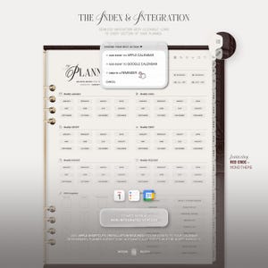 May include: A digital planner interface featuring a dark brown crocodile-textured cover, gold ring binding, and interactive navigation tabs. The screen displays monthly calendars, goals, finance, and wellness sections with clickable integration menus.