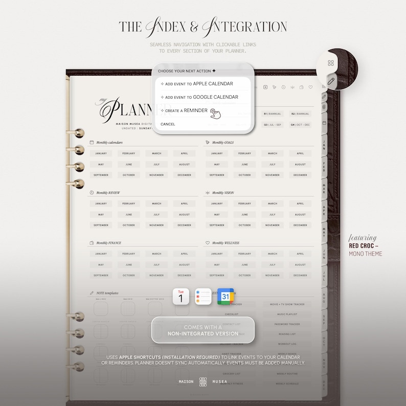 May include: A digital planner interface featuring a dark brown crocodile-textured cover, gold ring binding, and interactive navigation tabs. The screen displays monthly calendars, goals, finance, and wellness sections with clickable integration menus.