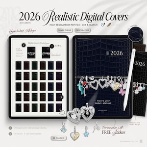 May include: A digital cover catalog with a silver theme, featuring a dark blue croc leather cover for 2026. Includes a tablet displaying various cover designs and a cover with charms. The image also shows a stylus and heart-shaped charms.