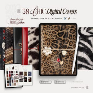 Puede incluir: Anuncio de fundas digitales. La imagen muestra una tableta con una funda con estampado de leopardo, un lápiz óptico blanco y un catálogo de diseños de fundas. El texto incluye "38 CHIC Digital Covers" y "Personaliza con pegatinas GRATIS."