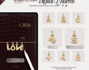Digital Bubble Letter Stickers for GoodNotes, Digital Charms, Realistic Gold Digital Stickers, Luxury Gold Digital Stickers, Digital Planner